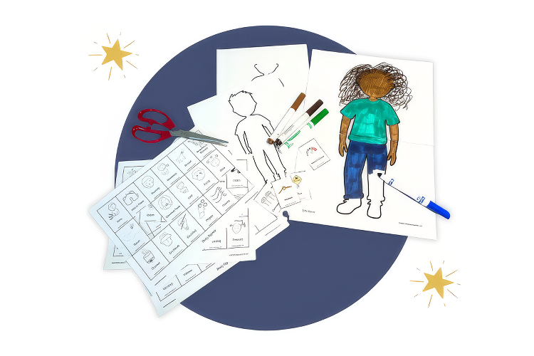 A set of craft supplies is laid out on a dark blue circular surface, including illustrated body map sheets, markers, scissors, and body sensation cards. The scene features a colored character with dark curly hair and green shirt. Yellow star decorations are on the edges.