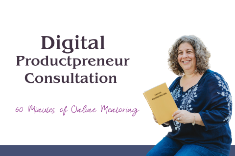 A person with curly hair, wearing a navy blue top and jeans, is seated and smiling while holding a tan-colored book titled "Chaos Coordinator." The image features text that reads "Digital Productpreneur Consultation" and "60 Minutes of Online Mentoring.