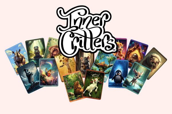 A set of colorful cards featuring various animals is displayed in a semi-circle. Centered above the cards is the text "Inner Critters" in a playful, curly font. The cards depict animals such as a bear, owl, monkey, and rabbit in different artistic styles.