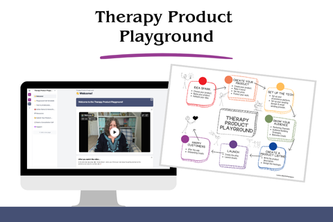 A computer monitor displays an online course interface with a video lesson paused. Next to the monitor is a flowchart titled "Therapy Product Playground" that outlines steps for developing a therapy product. The overall setting suggests an educational presentation.
