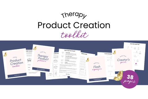 An image showcasing the "Therapy Product Creation Toolkit," featuring various documents and resources spread out in a fan-like arrangement. The toolkit includes guides, templates, and checklists, spanning a total of 38 pages. The layout is clean with purple and gold accents.